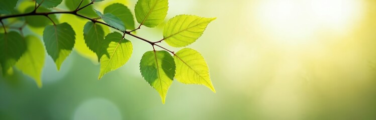 Fototapeta premium Close-up of vibrant green leaves on branch in bright sunlight. Photo creates atmosphere of serenity in nature. Background blurred, highlighting fresh foliage, tranquil colors. Ideal for eco projects.