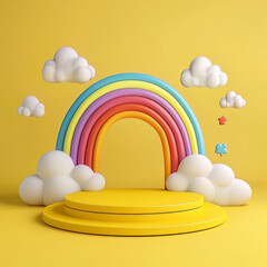 Colorful Rainbow Over Stage Surrounded by Fluffy Clouds on Yellow Background