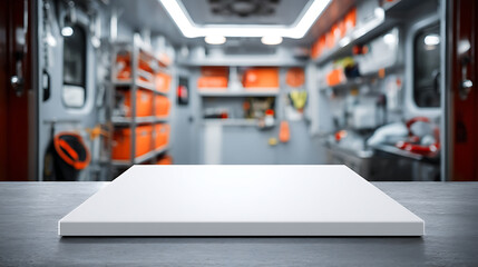 Empty white surface against blurred interior of a modern ambulance vehicle with emergency equipment, creating a sterile background