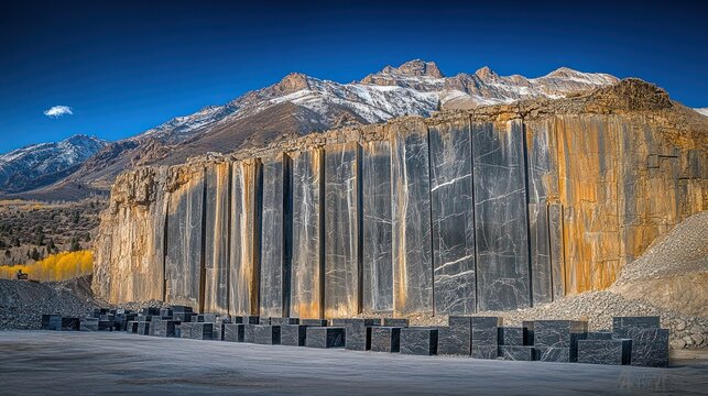 Mountain backdrop. Columnar basalt quarry