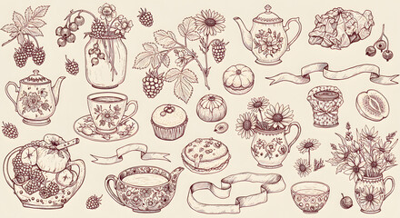 Whimsical floral and food illustrations in ink style. Delicate drawings of berries, teacups, wildflowers and ribbons with a fairytale-like charm