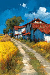 Rural Village Countryside: Tranquil Sunset Landscape with Vibrant Fields, Colorful Houses, Scenic Pathways, Rustic Farmhouses, Yellow Crops, Blooming Nature, Red Roofs, Agriculture Harmony
