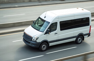Naklejka premium White minivan drives city highway. Transportation, cargo, passenger transport business, commercial service, freight delivery. Car moving fast on street, logistic concept, auto travel. City traffic in