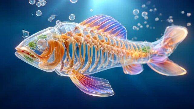 Colorful illustration of a fish skeleton in underwater bubbles.