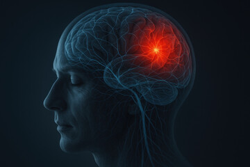 Woman's head with highlighted red brain.