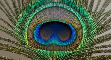 Obraz premium Vibrant Peacock Feather Close Up - Iridescent peacock feather, symbolizes beauty, elegance, pride, nature, and transformation. Close-up view showcasing intricate details