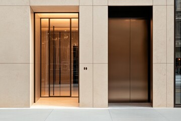 Modern elevator design featuring sleek lines and neutral tones in a contemporary urban environment during daylight hours