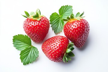 Red Strawberries with green leaf isolate on white background. Top view with clipping path. Full Depth of field. Focus stacking. PNG