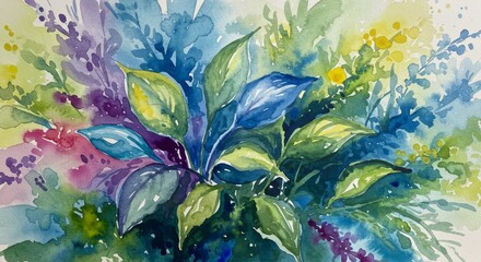 Vibrant Watercolor Floral Bouquet - A stunning watercolor painting of a lush floral bouquet, showcasing vibrant blues, greens, and purples. The loose, expressive creates a sense of movement and energy