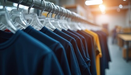 T-shirts on hangers ready for industrial screen printing machine. Apparel production, custom design in print shop. Textile industry, fashion, clothing, retail. Brand new t-shirts, clean design.
