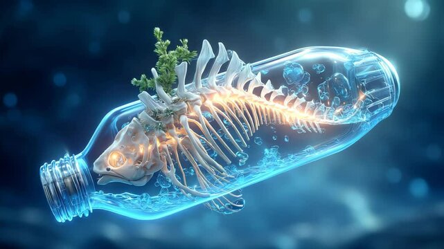 A creative representation of fish bones inside a plastic bottle.