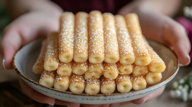 Crisp Neulas, Catalan Rolled Wafers, elegantly rolled and lightly dusted with sugar, served on a fine porcelain plate
