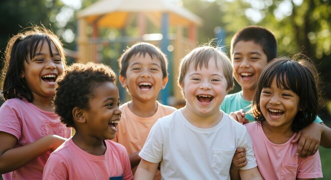 Diverse group of children laughing together outdoors in sunlight. Kids with Down syndrome and different ethnicities enjoying playground. Inclusion concept. Friendship without boundaries. Childhood joy