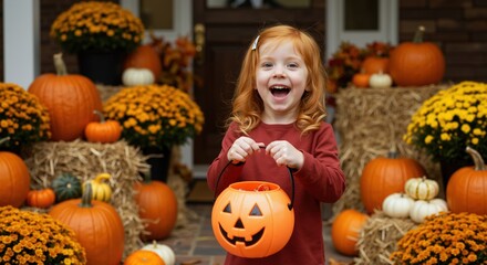 Laughing girl with orange pumpkin basket amid autumn decorations. Redhead child in burgundy sweater at halloween porch display. Holiday celebration. Trick-or-treat tradition. Childhood excitement