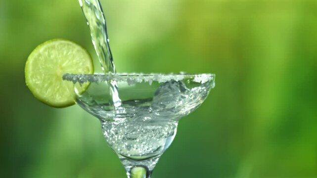 A margarita cocktail is poured into a glass. Filmed on a high-speed camera at 1000 fps. High quality FullHD footage