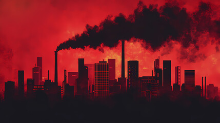 Fototapeta premium A stylized city skyline silhouette against a vibrant red background, with dark smoke rising, conveying an industrial and environmental theme. [Ocular City] | Observation Mesh | dense net. Illustration