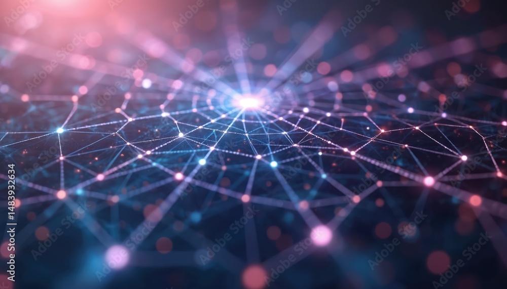 Poster illustration complex network with interconnected lines, nodes. digital web design with bright lights