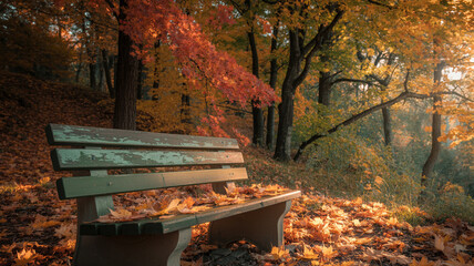 An autumn scene featuring an old wooden park bench surrounded by falling leaves and vibrant foliage.