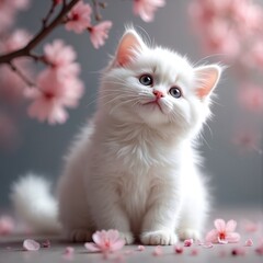 Adorable white kitten sits, pink cherry blossom background. Fluffy cat with blue eyes looks up, surrounded by petals. Young pet, domestic animal, spring season, lovely mood, tenderness.