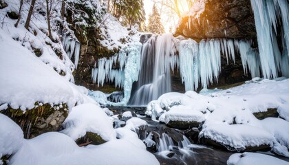 Obraz premium Frozen waterfall in a winter forest with icicles and snow-covered rocks