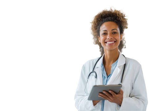 Smiling African American doctor holding a tablet wearing a white coat and stethoscope Isolated on White Background