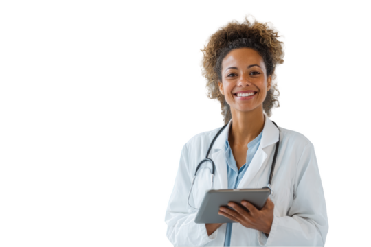 Smiling African American doctor holding a tablet wearing a white coat and stethoscope Isolated on White Background