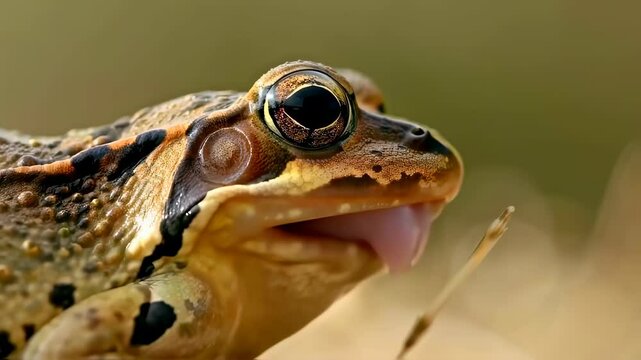 Close up portrait of a frog from a side angle showing its eye mouth and skin texture. Represents nature wildlife and ecological subjects
