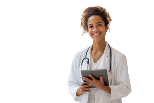 Smiling female doctor holding a tablet wearing a white coat and stethoscope Isolated on White Background