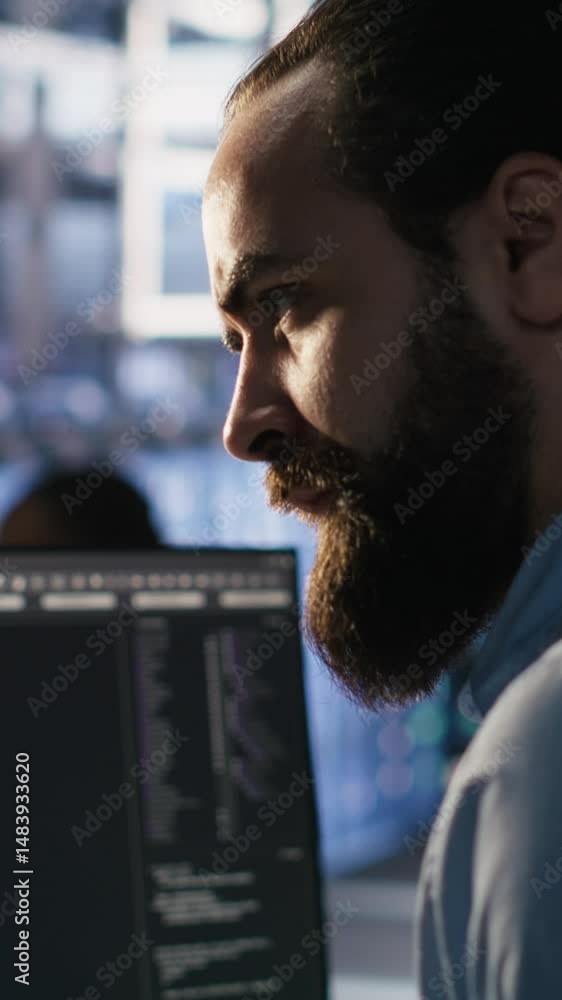 Poster vertical video exhausted computer scientist in server room reviewing neural network outputs, sufferi