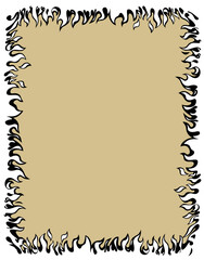 Black and white drawing of a rectangular flame frame around a colored background. Vector illustration in vintage engraving style
