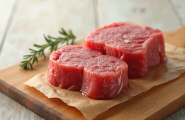 Close-up of raw beef steaks on cutting board with rosemary. Freshly cut meat, fillet slices, uncooked dinner. Butcher product for restaurant or home cooking.