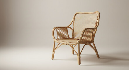 A single rattan chair on light background, minimalist aesthetic