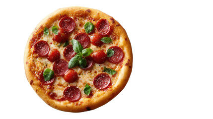 Delicious Pepperoni Pizza: A mouthwatering overhead view captures a classic pepperoni pizza, artfully garnished with fresh basil, promising a symphony of flavors and textures. 