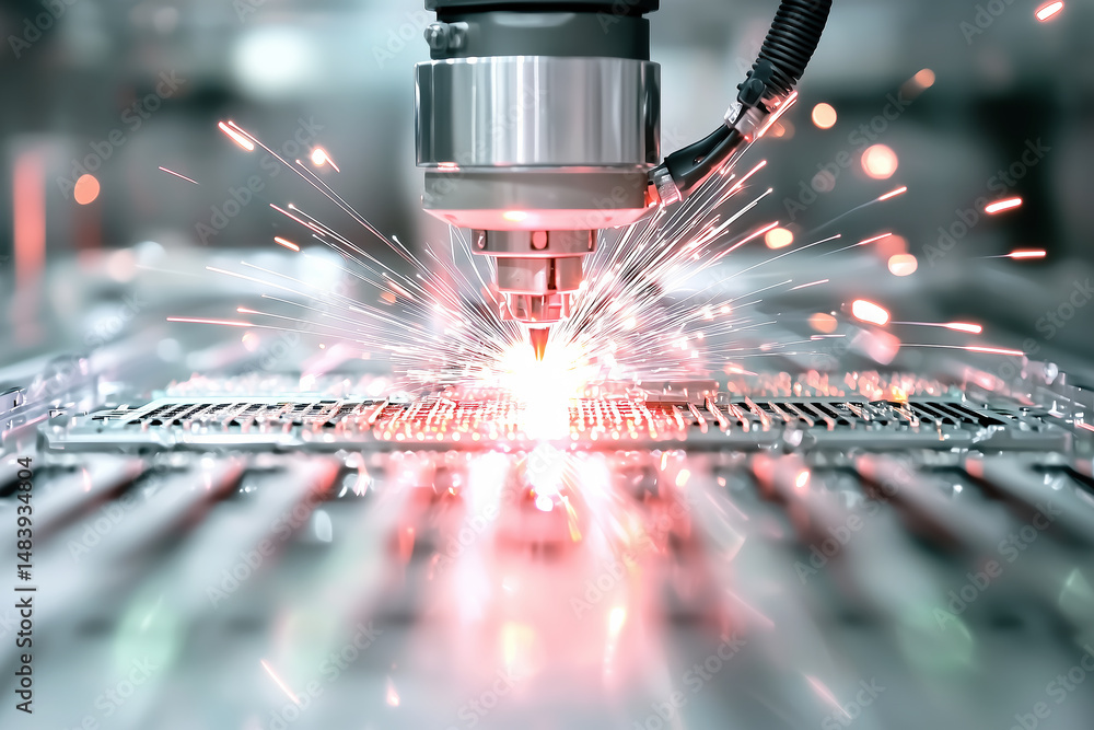 Poster close up of a cnc laser cutting machine creating sparks while precision cutting metal