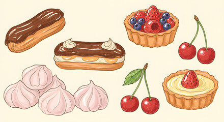 Set of hand-drawn french patisserie items with a playful twist. Eclairs, tarts, meringues and cherries in a scribbly, artistic style. Soft and dreamy aesthetic