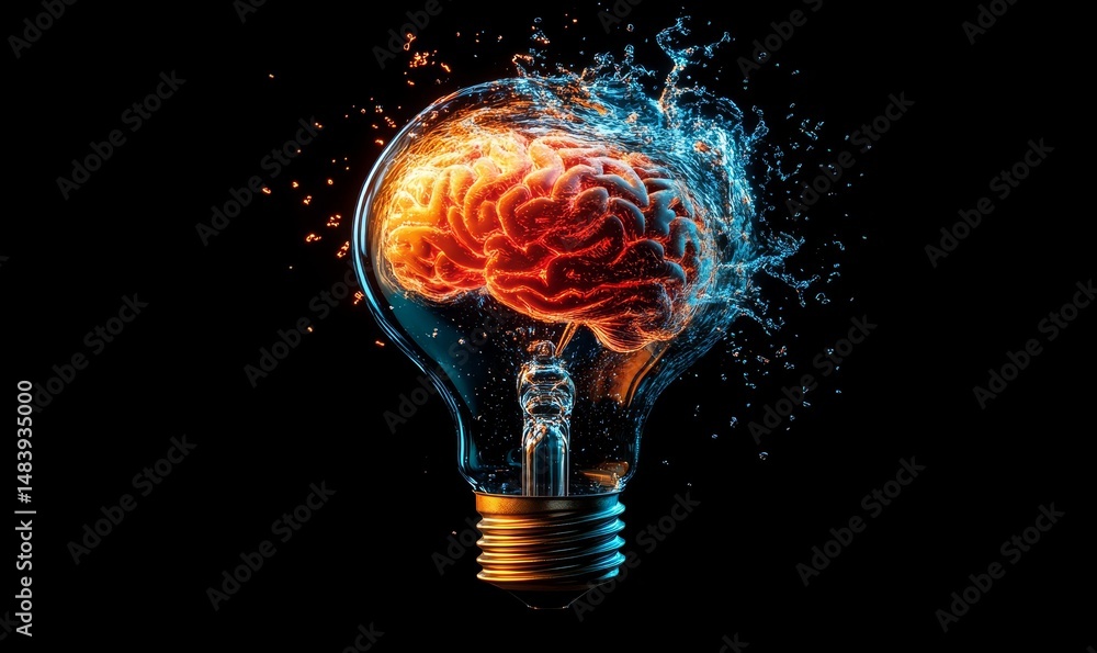 Poster liquid color design background fly out of the light bulb with human brain as a idea colorful brain s