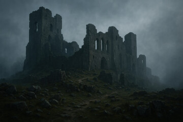 Castle atop foggy mountain.