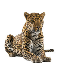Obraz premium Resting leopard isolated on white a spotted feline predator lying down and looking forward Isolated on White Background