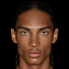Male Portrait Closeup: Handsome Young Model with Symmetrical Features, Strong Expression, Attractive Skin, Serene Brown Eyes; Stylish Isolated Glamour Photography Showcasing Masculine Confidence