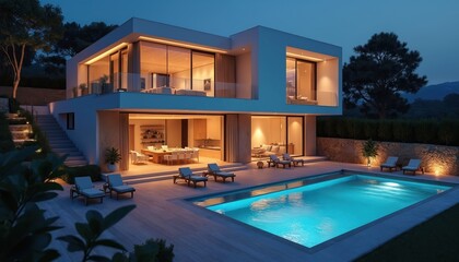 Fototapeta premium Modern luxury house with pool at night. Contemporary architecture design, illuminated windows. Suburban residential real estate property. Evening city view. Dream lifestyle vacation home. Minimalist