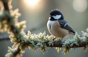 Fototapeta premium Close-up of adorable Willow tit bird perched on branch covered with lichen. Songbird in natural habitat, Valtavaara near Kuusamo Finland, featuring avian fauna. Nature, wildlife, ornithology, perfect