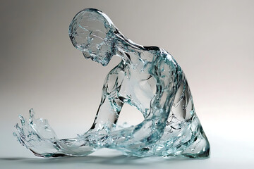 A translucent figure formed of water kneeling with head bowed and hands outstretched on a white surface