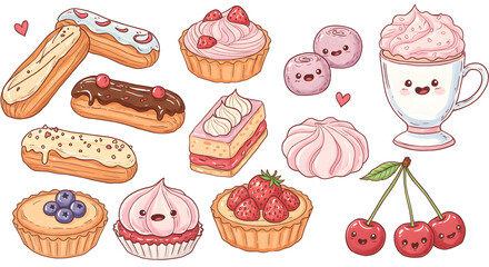 Set of hand-drawn french patisserie items with a playful twist. Eclairs, tarts, meringues and cherries in a scribbly, artistic style. Soft and dreamy aesthetic
