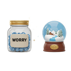 This image depicts a jar labeled worry transforming via an arrow to a peaceful snow globe scene, illustrating a path from anxiety to calmness for stress relief.