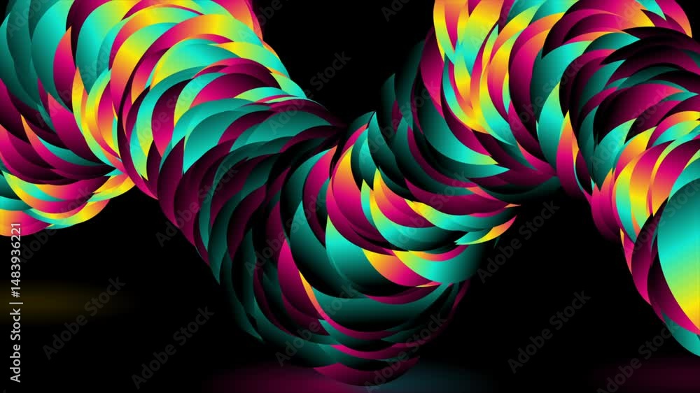 Poster colorful circles arranged in a 3d wave shape, abstract tech background. seamless looping glowing ret