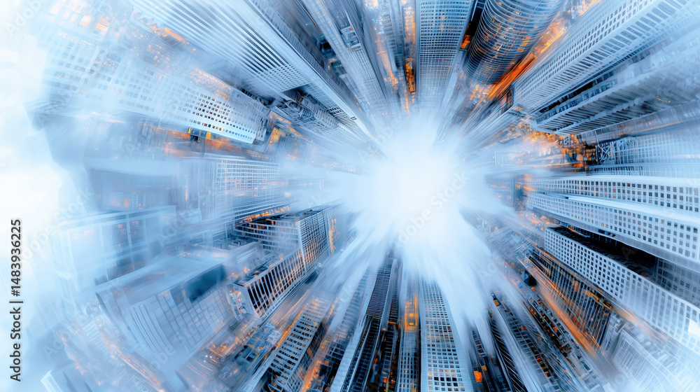 Poster abstract futuristic cityscape with skyscrapers and a radial blur effect, creating a dynamic explosio