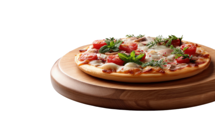 Gourmet Pizza Delight: a fresh, round pizza with fresh ingredients, beautifully presented on a wooden platter