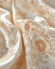 A fabric pattern, showcasing intricate details and soft pastel hues in shades of pink, cream, beige, and gold, creating an elegant design that exudes luxury and sophistication