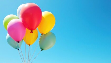 Vibrant rainbow colored balloons floating against a clear blue sky , gleaming, celebration, vivid