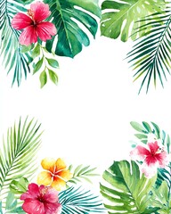 tropical watercolor floral frame with monstera leaves, hibiscus flowers and palm branches, vibrant summer invitation layout